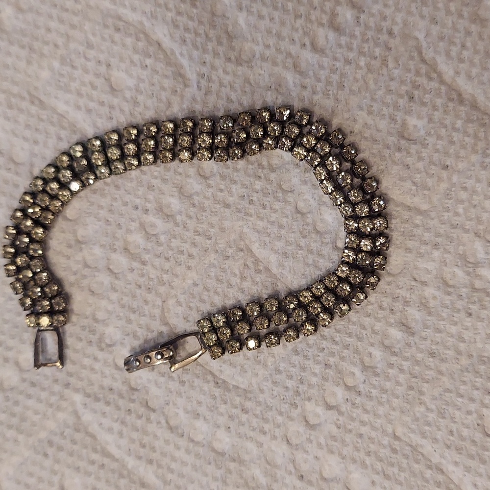 Early Mid-Century Silver Rhinestone Triple Strand Bracelet 7" EUC!